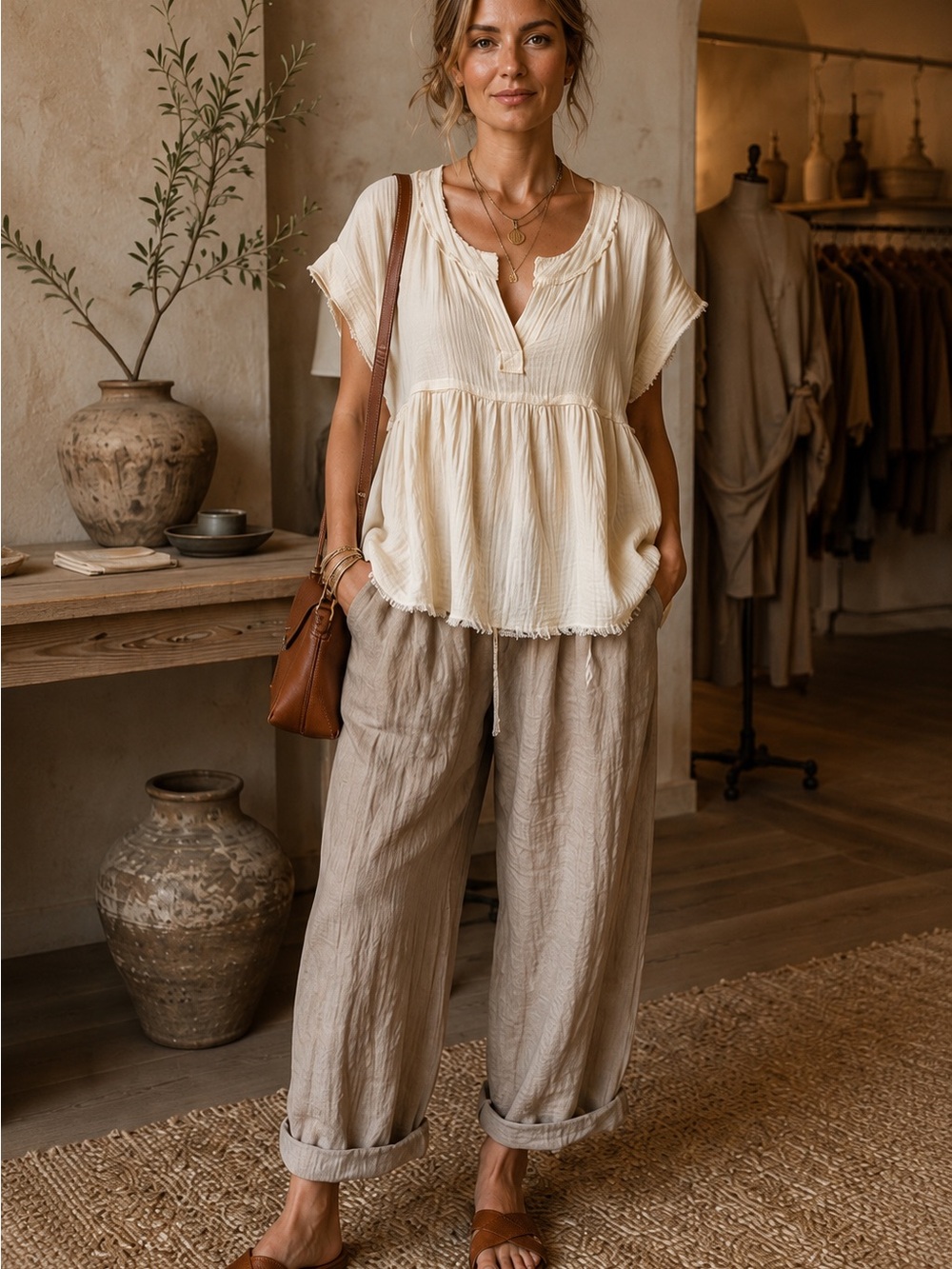 By Together L Cotton Gauze Raw Edge Babydoll Top Lagenlook Boho Cream